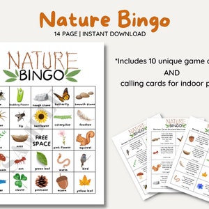 Natuurbingo - 10 unieke spelkaarten, bosbingo, natuuractiviteit, thuisonderwijs, natuurschool, afdrukbare spellen, buitenactiviteit