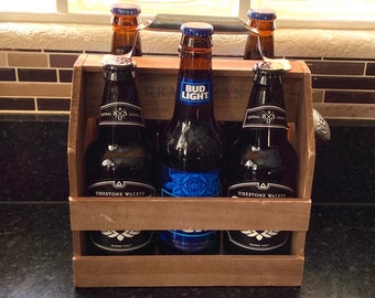 Hand-Crafted Wooden Bottle Caddy ~ 6 Pack Beer Carrier with Built In Metal Bottle Opener ~ Beer Bottle Caddy ~ Beer Bottle Carrier ~ Decor ~