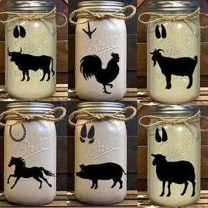 Custom Country Farmhouse Barndominium Farm Barn Animal Theme Mason Jar Designs ~ Bull, Chicken, Goat, Horse, Pig and Sheep ~ Table Decor ~