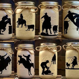 Custom Rodeo Country Mason Jar Designs ~ Barrels, Breakaway, Broncs, Bull Riding, Tie-Down, Cutting, Steer Wrestling ~ NFR ~ PBR ~ PRCA ~