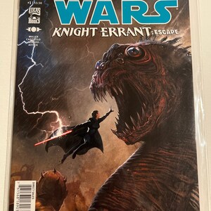 May include: A comic book cover featuring a dark, menacing creature with glowing red eyes, a woman in a black outfit wielding a lightsaber, and the text "STAR WARS KNIGHT ERRANT: ESCAPE FALL TO THE DARK SIDE!"