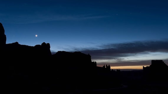 Moonset and Stars at Twilight, Arches National Park, Utah