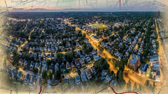Havertown PA at Twilight, With an 'Old Map' Background