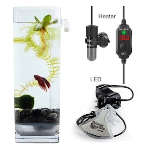 Self-Cleaning Betta Fish Aquariums with Adjustable Heater + LED + River Stones + Food | One Gallon