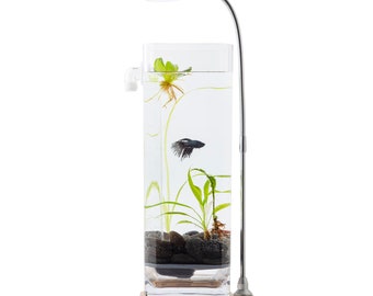 Self-Cleaning Betta Fish Aquariums with LED + River Stones + Food + Decorative Plant