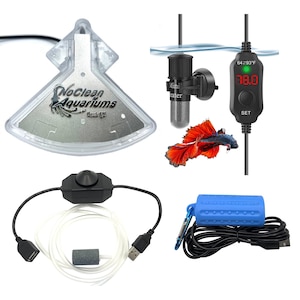 May include: A set of aquarium accessories including a NoClean Aquariums filter, a mini heater, a thermometer, an air pump, and a blue silicone cord protector. The thermometer has a digital display showing 78.0 degrees Fahrenheit.