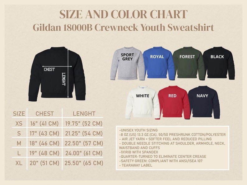 Op de afbeelding: Maattabel voor Gildan 18000B Crewneck Youth Sweatshirts. De tabel toont maten XS tot XL met de bijbehorende borst- en lengtemaat in inches en centimeters. De tabel toont ook de beschikbare kleuren: Sportgrijs, Royal, Forest, Zwart, Wit, Rood en Navy.