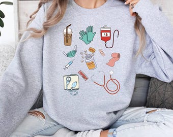 Nursing School Sweatshirt, Nurse Life, Medical Icons Crewneck, Healthcare Worker Gift, Nursing Student Pullover, Nurse Aesthetic Shirt