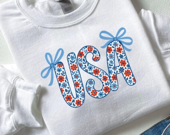Women Coquette USA Sweatshirt,4th of July Sweatshirt Women,Stars Stripes USA Flag Sweatshirt,Floral Patriotic Sweater,Women Usa Flag Sweater