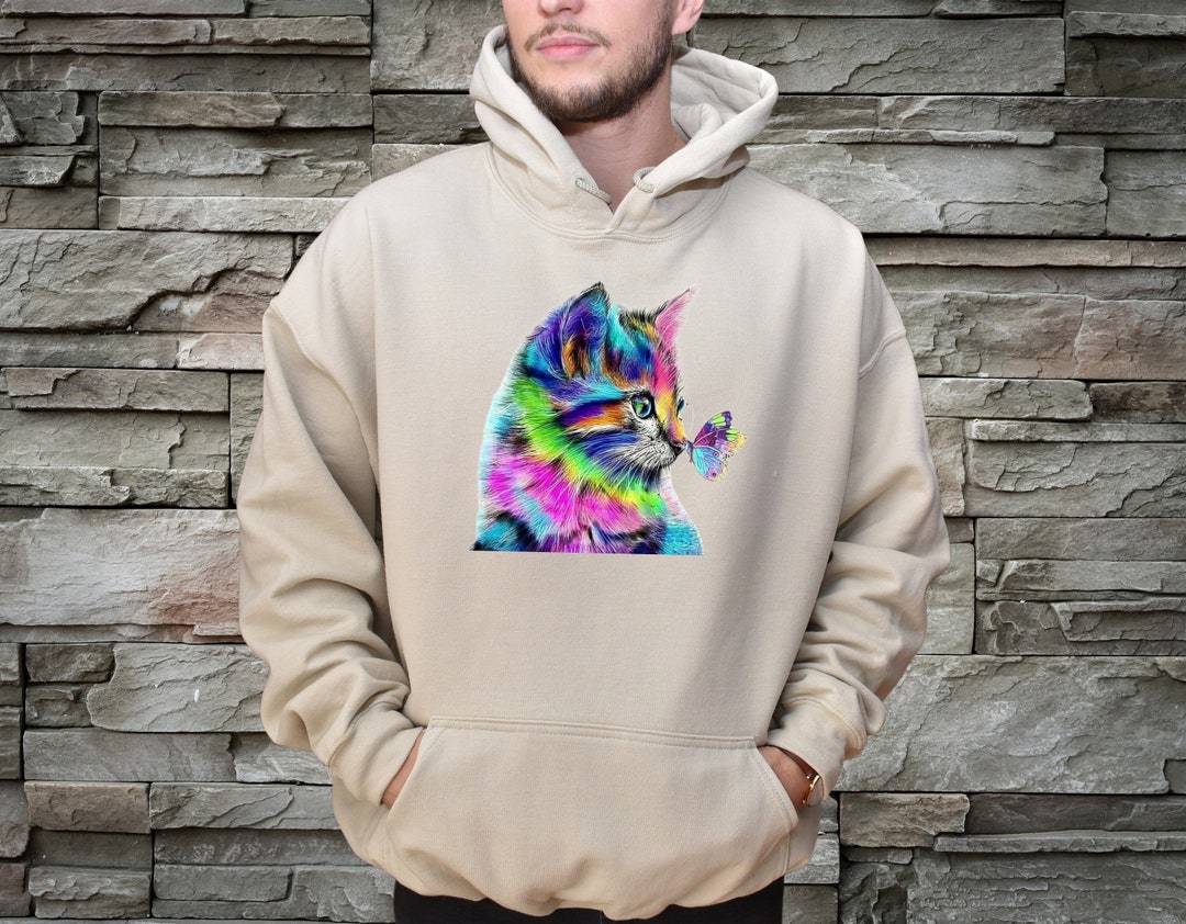 Colorful Cat Hoodie, Cat and Butterfly Hoodie, Cat Mom Hoodies, Cat ...
