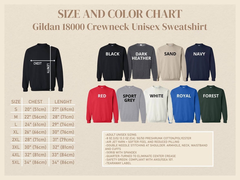 Op de afbeelding: Maattabel en kleurenkaart voor Gildan 18000 unisex crewneck sweatshirts. De tabel toont verschillende maten, borstmetingen in inches en centimeters, en lengtes in inches en centimeters. De tabel toont ook 10 verschillende kleuropties voor de sweatshirts: zwart, donker grijs, zand, marine, rood, sport grijs, wit, koninklijk blauw, bos.