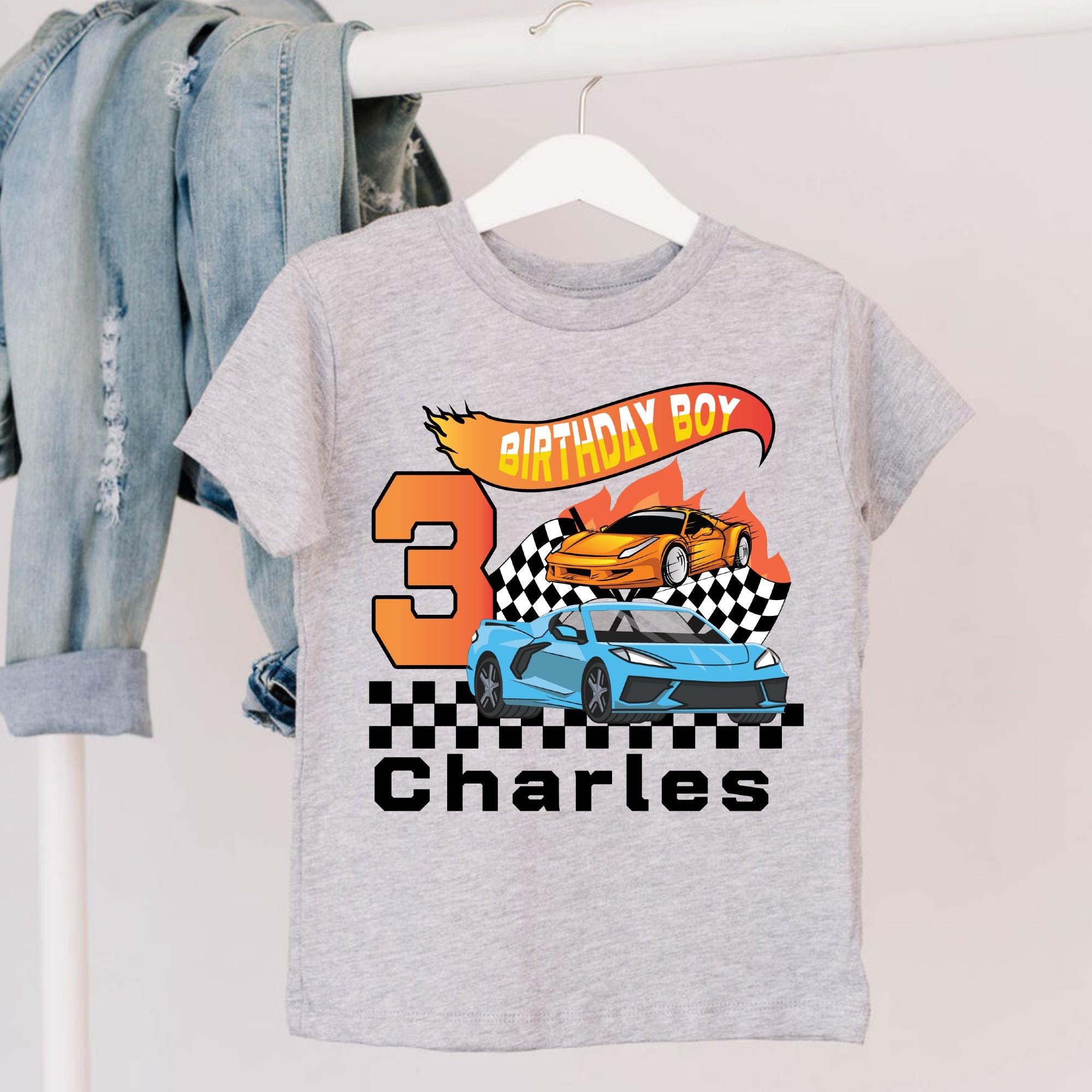 Custom Name Birthday Boy Kids Shirt, Kids Graphic Shirt,3rd Birthday Party Gift Shirt,Race Car Shirt for Boys,Birthday Gift for Boy,