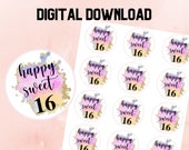 Party Favour Tags, Printable Birthday Stickers, Sweet 16 Cupcake Toppers, Sweet 16 Decorations, Favor Tags, Geode Printable Sweet 16