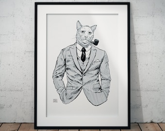 MISTER COOL || Cat in Suit | Ink Drawing | Art Print | Wall Art | Home Décor | Cat Gifts for Catlovers | Hipster Animal Print