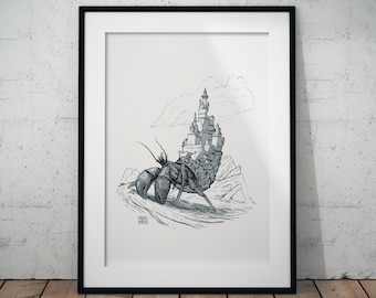 Surreal Castle Ink Drawing: Animal Art Print, Home Decor