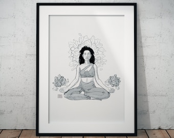 Yoga Girl Ink Drawing Art Print: Meditation & Crystals Wall Art