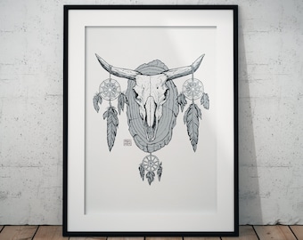 Bull Skull Dreamcatcher Art Print: Black and White Animal Ink Drawing