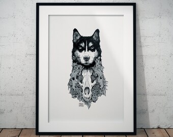 Husky Art Print: Dog with Skulls and Flowers Ink Drawing