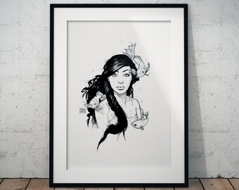 Mermaid Ink Drawing Art Print: Surreal Girl with Fish Wall Decor