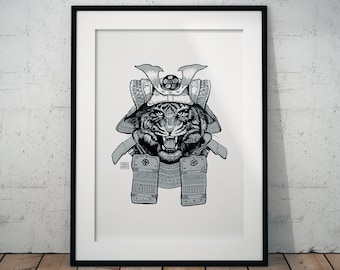 Tiger Samurai Helmet Art Print: Surreal Animal Portrait