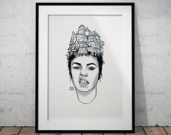 Surreal Girl Ink Drawing Art Print: Village Portrait Wall Decor