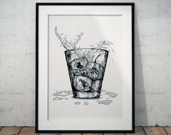 Surreal Cocktail with Dinosaurs Art Print: Black and White Ink Drawing