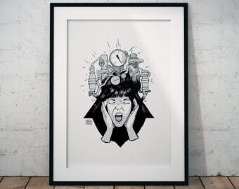 Surreal Screaming Woman Art Print: Black and White Ink Drawing