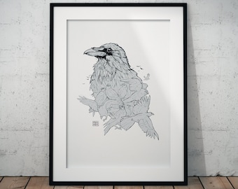 Raven Ink Drawing Art Print: Surreal Animal Wall Decor