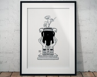 Surreal Ink Drawing Art Print: Helping Hands Floral Vase