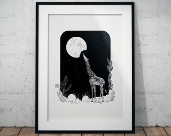 Giraffe & Moon Ink Drawing: Surreal Animal Art Print