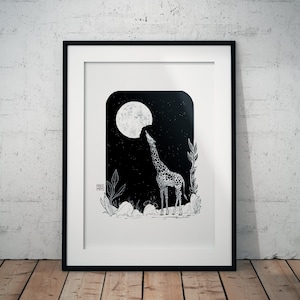 HOW does the MOON TASTE || Giraffe | Moon | Ink Drawing | Art Print | Wall Art | Home Décor | Surreal Art | Animal Art | Black and White