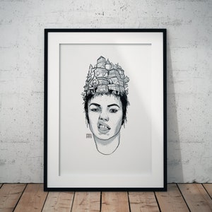 ATTITUDE || Surreal Girl | Ink Drawing | Portrait | Art Print | Wall Art | Home Décor | Surreal Art | Village Landscape | Black and White