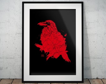 Art Print, Giclée, Wall Decor, Red, Raven
