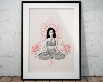 Art Print, Giclée, Wall Decor, Red, Yoga "Crystal"