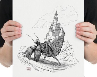Hermit Crab Castle Ink Drawing: Surreal Fantasy Art Print