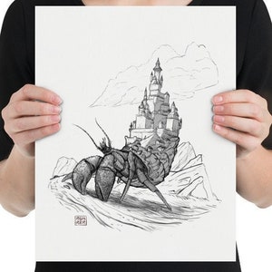 hermit crab, ink drawing, Poster Print, surreal landscape, castle, beach, whimsical drawing , funny art, animal print, fantasy art, comic,