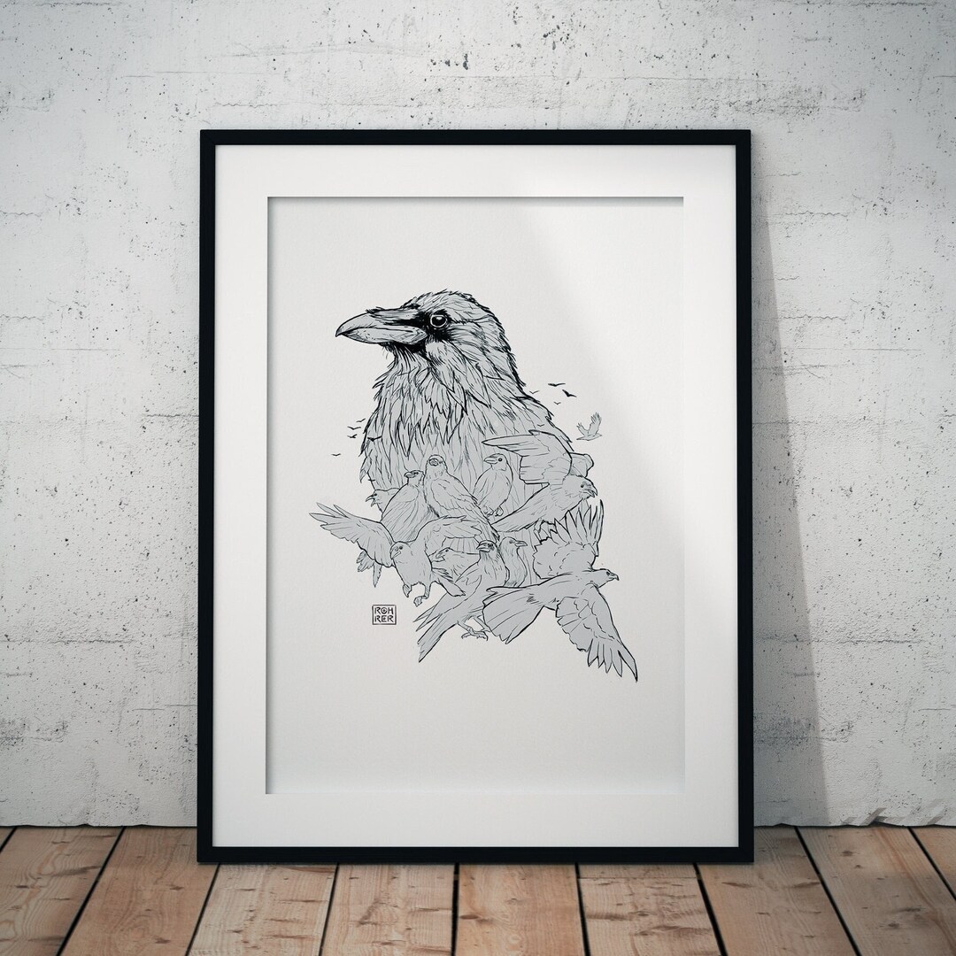 Raven Ink Drawing Art Print: Surreal Animal Wall Decor - Etsy