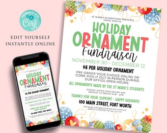 CHRISTMAS Holiday Ornament Fundraiser Flyer, PTA pto, School Teacher Appreciation Church Community Charity, Printable Editable Template