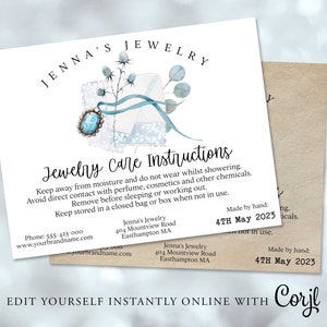 Puede incluir: Una tarjeta blanca con ilustraciones florales azules de acuarela y una piedra preciosa azul. La tarjeta tiene texto que dice "Jenna's Jewelry" y "Jewelry Care Instructions". El texto incluye instrucciones para el cuidado de las joyas, como mantenerlas alejadas de la humedad y el perfume. La tarjeta tambi&eacute;n incluye informaci&oacute;n de contacto para Jenna's Jewelry, incluyendo un n&uacute;mero de tel&eacute;fono y una direcci&oacute;n de sitio web. La tarjeta tiene el texto "Made by hand: 4TH May 2023" en la parte inferior.