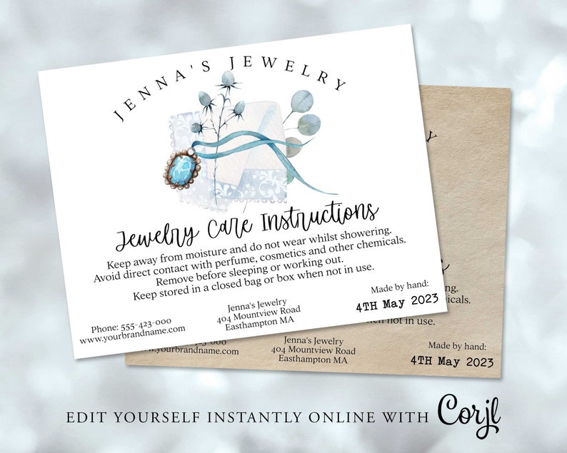 Puede incluir: Una tarjeta blanca con ilustraciones florales azules de acuarela y una piedra preciosa azul. La tarjeta tiene texto que dice "Jenna's Jewelry" y "Jewelry Care Instructions". El texto incluye instrucciones para el cuidado de las joyas, como mantenerlas alejadas de la humedad y el perfume. La tarjeta tambi&eacute;n incluye informaci&oacute;n de contacto para Jenna's Jewelry, incluyendo un n&uacute;mero de tel&eacute;fono y una direcci&oacute;n de sitio web. La tarjeta tiene el texto "Made by hand: 4TH May 2023" en la parte inferior.