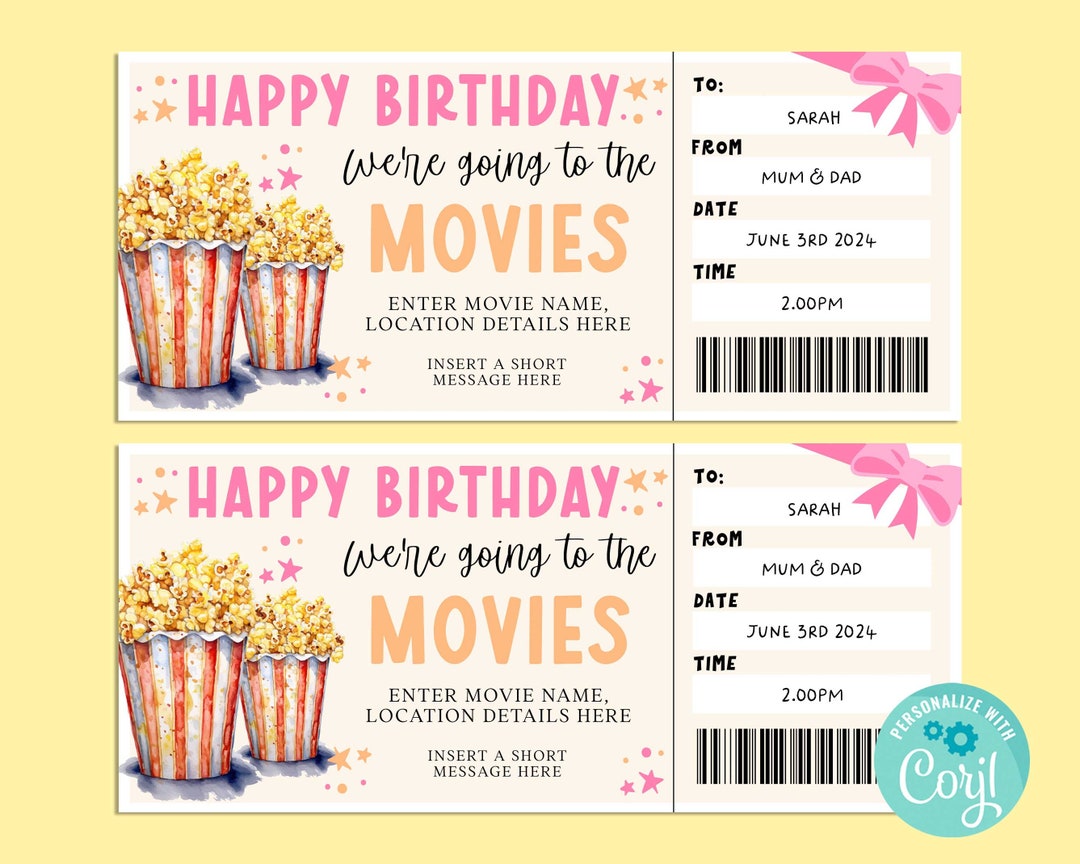 Birthday MOVIES Editable Gift Ticket Template, Happy Birthday Gift