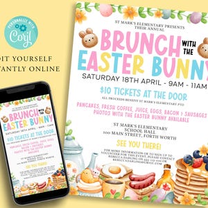 Könnte beinhalten: Ein farbenfroher Flyer für ein "Brunch mit dem Osterhasen"-Event in der St. Mark's Elementary School Hall. Der Flyer zeigt eine Aquarell-Illustration von Pfannkuchen, Eiern, Speck und Würstchen sowie einem Osterhasen. Die Veranstaltung findet am Samstag, den 18. April von 9:00 bis 11:00 Uhr statt. Tickets kosten 10 € an der Tür.