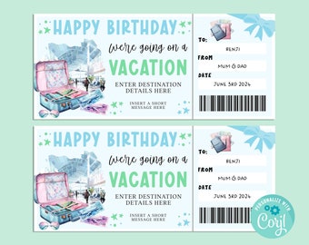 Happy Birthday VACATION Gift Ticket, Birthday Gift Card, Gift Certificate, Surprise Ticket, Road Trip Vacation, Getaway, INSTANT Corjl