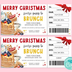Boleto de regalo de BRUNCH de Feliz Navidad, Tarjeta de regalo de temporada, Certificado de regalo, Regalo de graduación, Vale de desayuno, Panqueques, Corjl IMPRIMIBLE