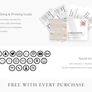 Puede incluir: Una gu&iacute;a de descarga digital para editar e imprimir plantillas. La gu&iacute;a incluye instrucciones sobre c&oacute;mo acceder, editar, descargar e imprimir plantillas. La gu&iacute;a tambi&eacute;n incluye 28 iconos de redes sociales y empresariales que est&aacute;n precargados en cada plantilla. El texto "GRATIS CON CADA COMPRA" se muestra en la parte inferior de la imagen.