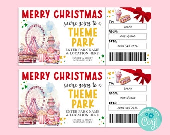May include: A printable Christmas gift certificate for a trip to a theme park. The certificate features a watercolor illustration of a Ferris wheel, carnival rides, and food. The text reads "Merry Christmas, we're going to a theme park."  The certificate is personalized with the recipient's name, the giver's name, and the date.