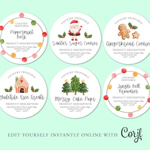 Puede incluir: Seis etiquetas de regalo de Navidad redondas imprimibles con ilustraciones y texto festivos. Las etiquetas presentan imágenes de corteza de menta, galletas de azúcar de Santa, galletas de jengibre, golosinas de arroz navideñas, paletas de pastel alegres y brownies de cascabel. Cada etiqueta incluye una descripción del producto con los ingredientes y el peso.