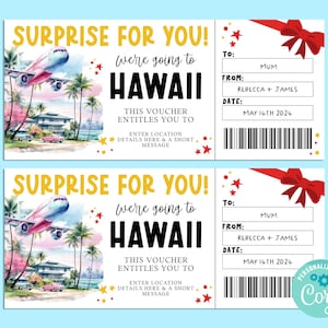 Vale-presente para viagem surpresa no Havaí, vale-presente de feliz aniversário, vale-presente, presente surpresa, férias na praia, escapadela, Corjl PARA IMPRIMIR