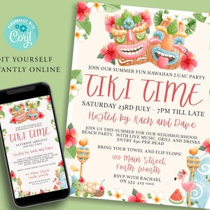 May include: A pink and white invitation for a Tiki Time luau party. The invitation features a watercolor illustration of two tiki gods, a flamingo, a watermelon, and tropical flowers. The text on the invitation reads "Join our summer fun Hawaiian Luau Party Tiki Time Saturday 23rd July - 7pm till late Hosted by Rach and Dave".
