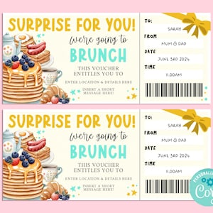 Surprise BRUNCH Gift Ticket, Happy Birthday Gift Card, Gift Certificate, Graduation Gift,  Breakfast Voucher, Pancakes, Corjl PRINTABLE